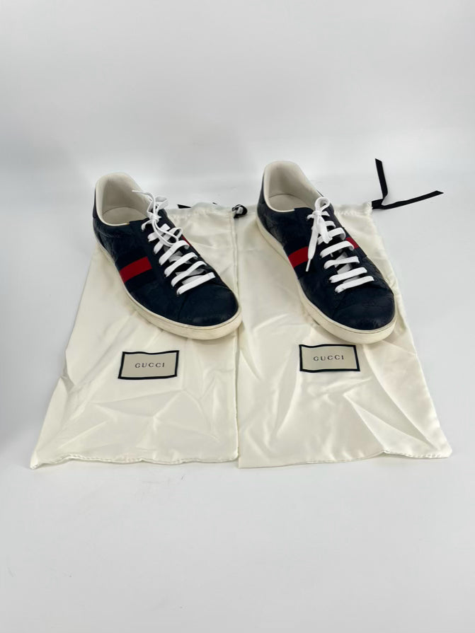GUCCI Size 11 Navy & Red Leather Logo Ace Sneakers