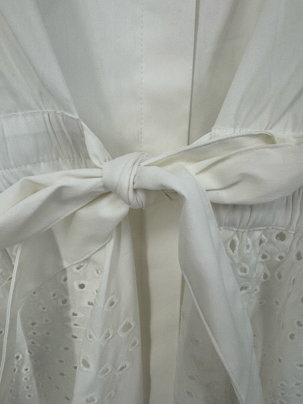 WHITE HOUSE BLACK MARKET Size L White Eyelet Tie Waist Blouse NWT
