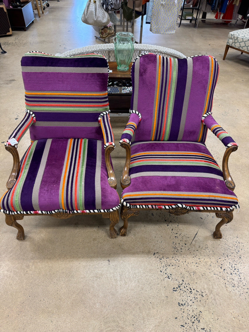 Purple & Orange Stripe Upholstered Queen Anne Ball & Claw Pair of Chairs