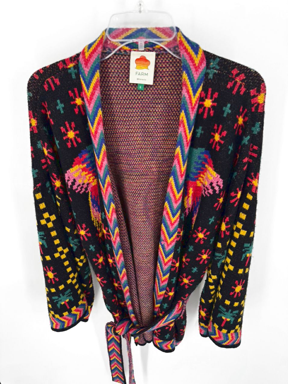 FARM RIO Size L Black & Multi-Color Knit Belted Cardigan