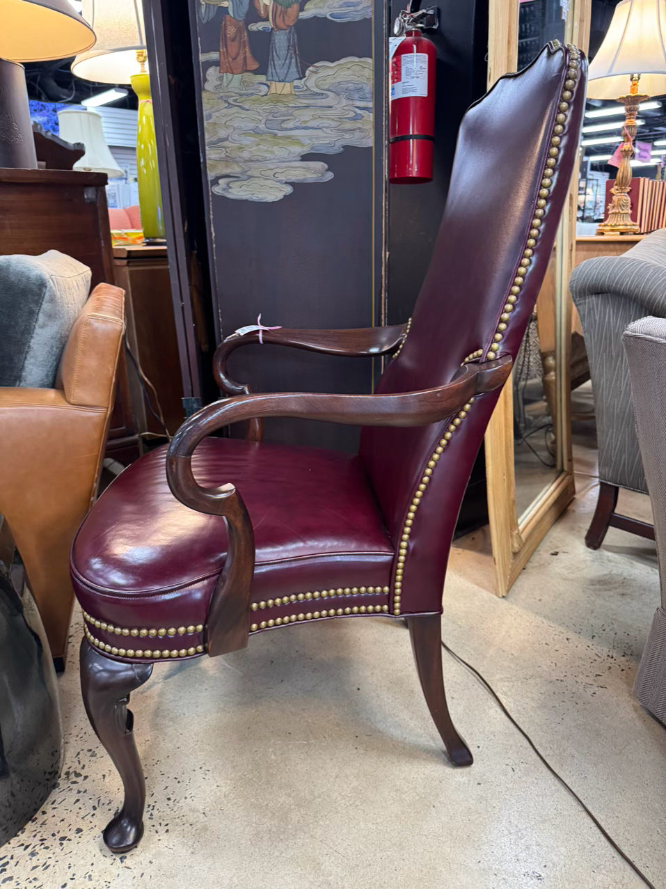 HICKORY CHAIR Wine Leather Queen Ann Nailhead Chair