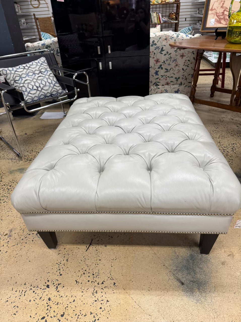 Gray Leather Look Tufted Ottoman