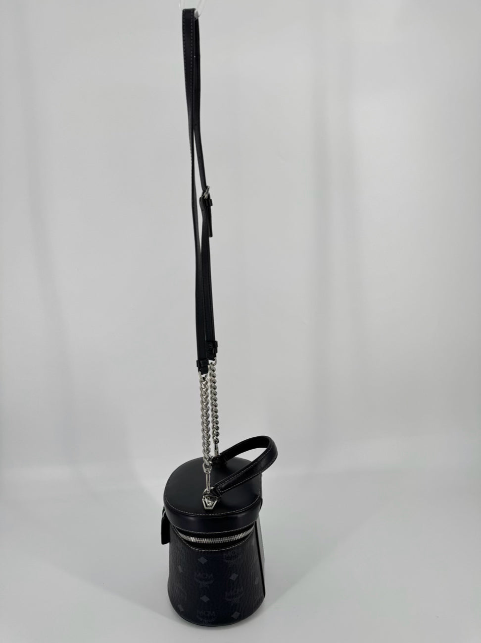 MCM Black Leather Visetos Cylinder Crossbody Bag