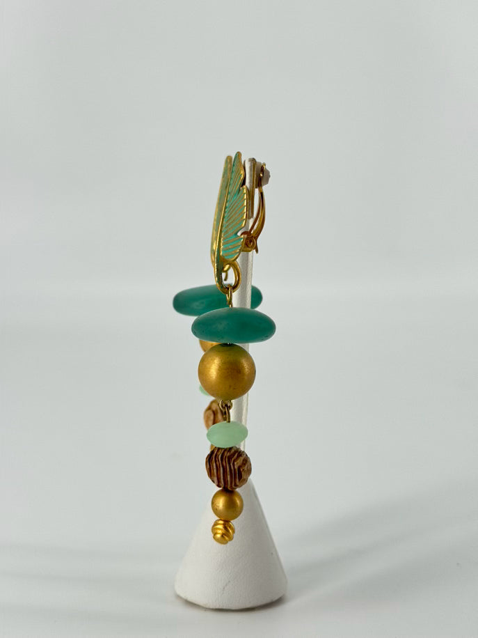 GIVENCHY Gold Tone Green Leaf Long Beaded Clip On Earrings
