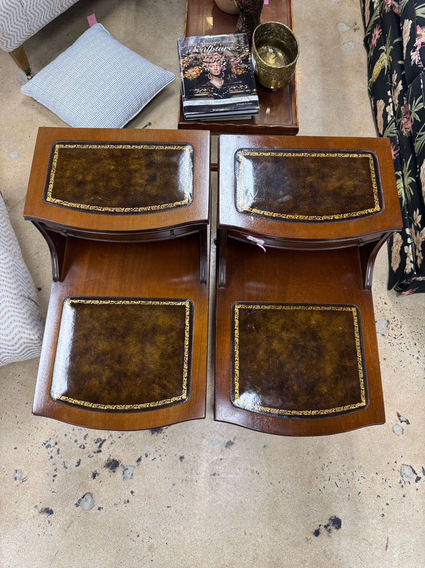 Wood Leather-Top 2-Tier Pair of End Tables
