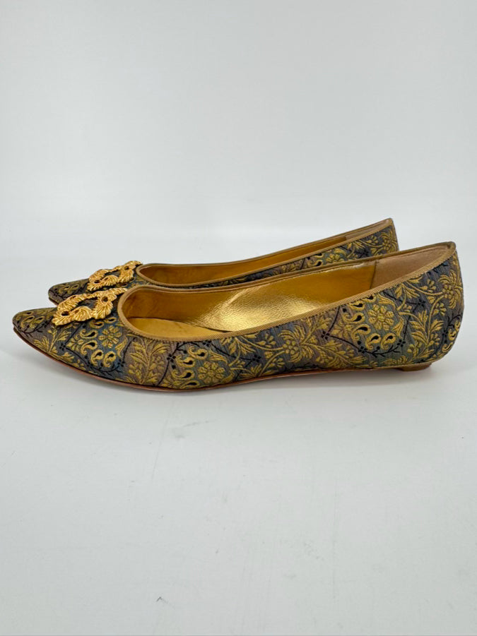 MANOLO BLAHNIK Size 39 Blue & Gold Paisley Flats