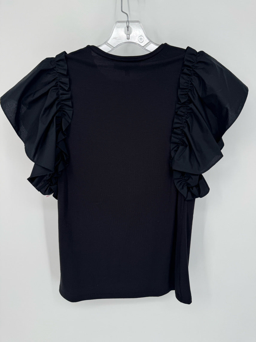 PEARL BY LELA ROSE Size S Black Jersey Poplin Flutter Sleeve Top NWT