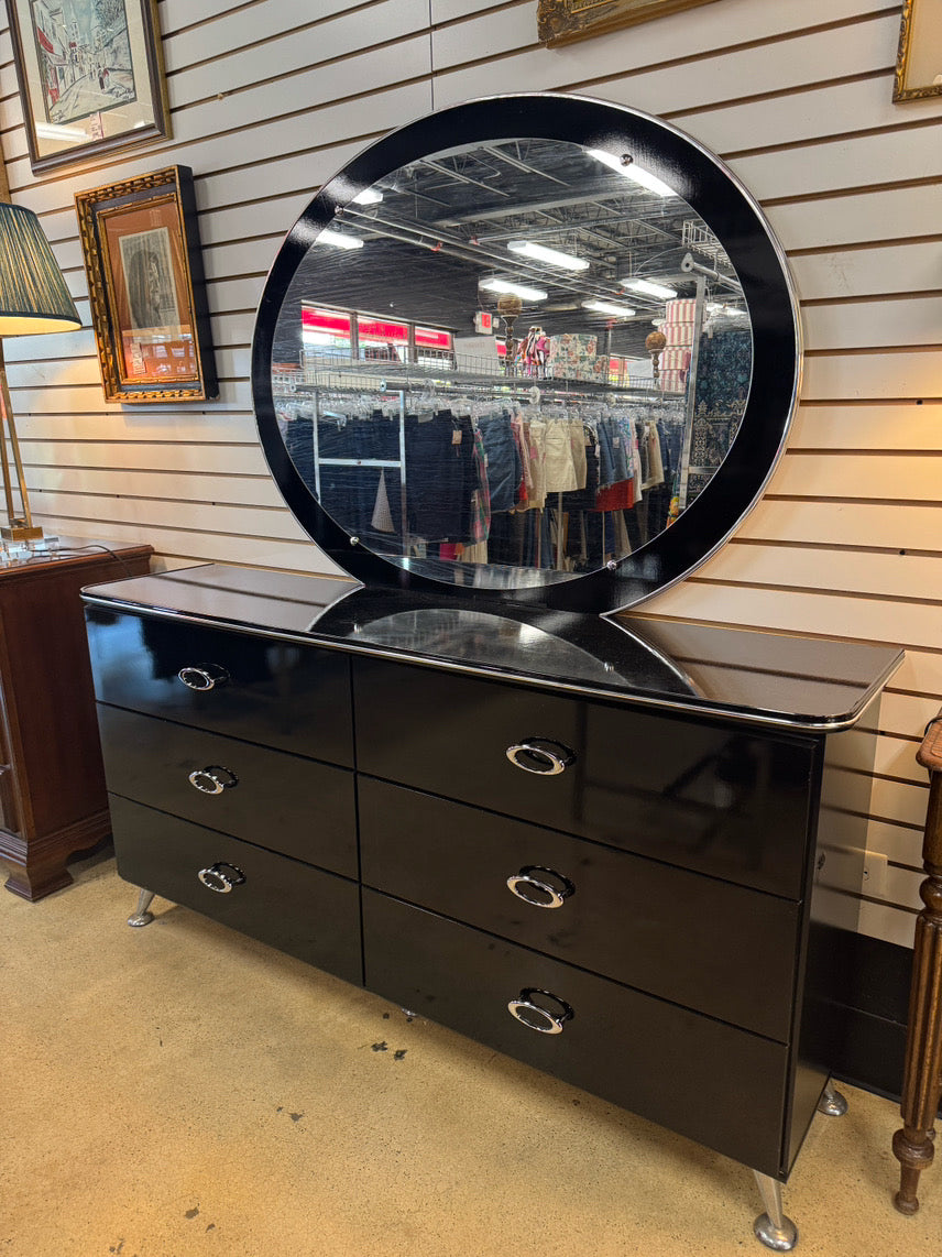 ASHLEY FURNITURE Black Laquer Dresser w/ Oval Mirror