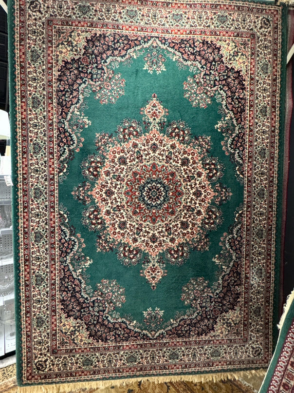 Green & Red Wool Medallion Oriental Rug