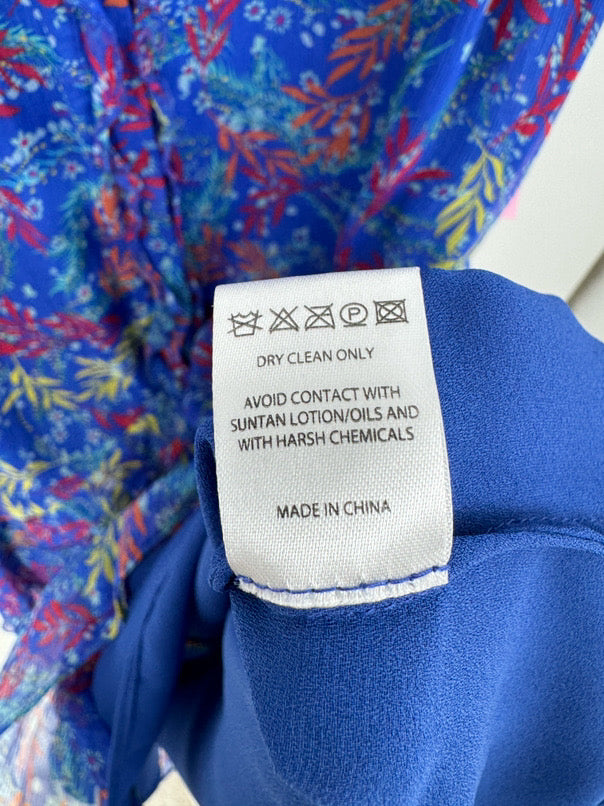 SALONI Size 10 Cobalt Foliage Print Ruffle Sleeveless Dress