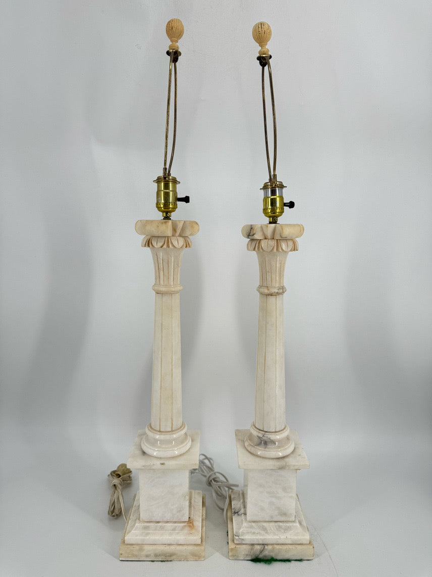 White Alabaster Neoclassical Column Pair of Lamps