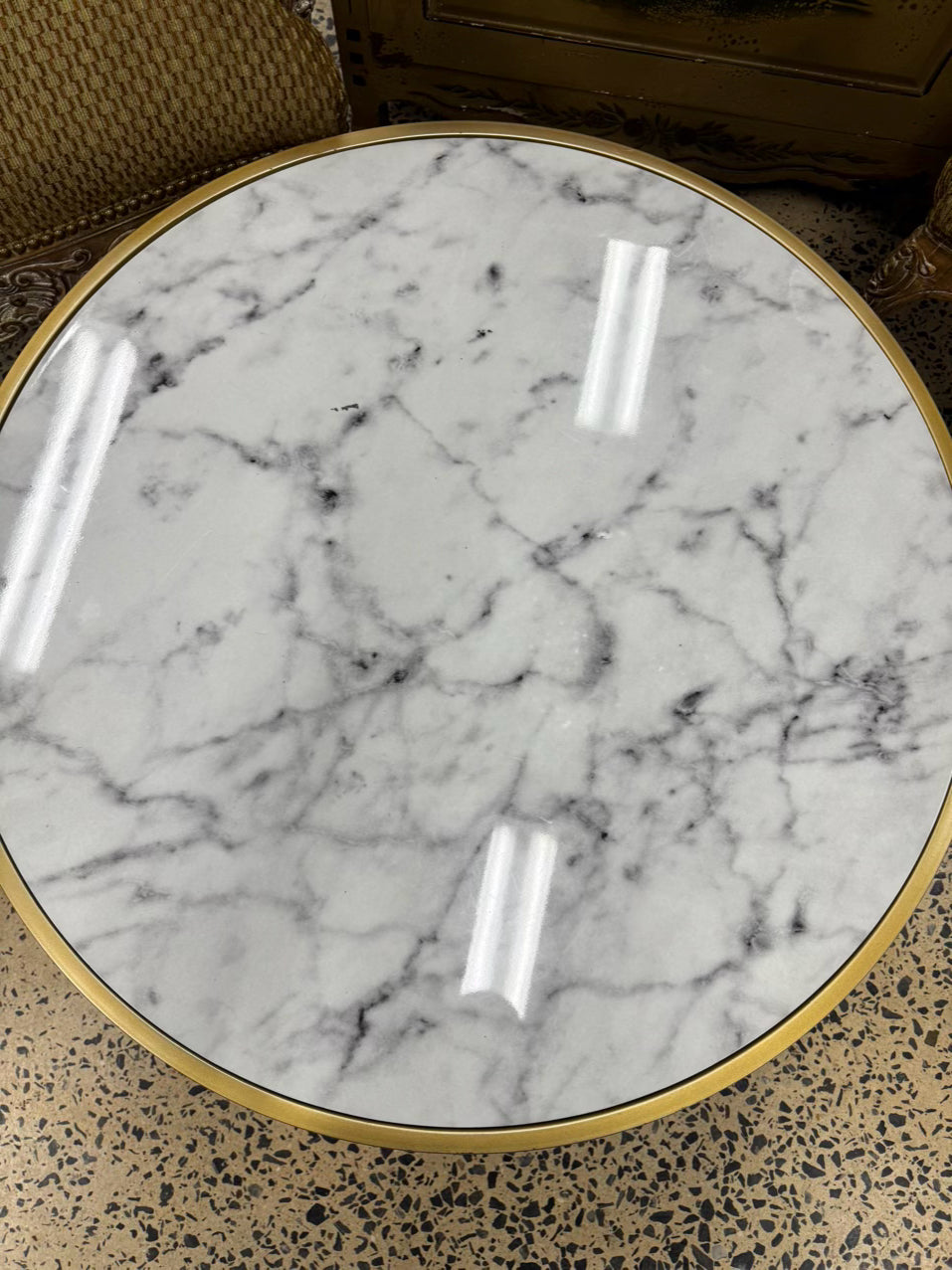 Gold & White Metal & Faux Marble Top Round Coffee Table