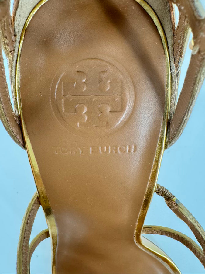TORY BURCH Size 10 Gold Amalie Metallic Cage Heels