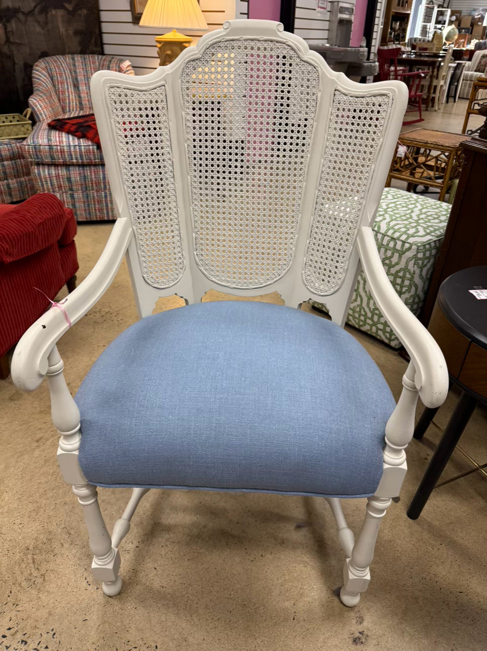 VINTAGE White Wood Blue Upholstered Cane Back Chair