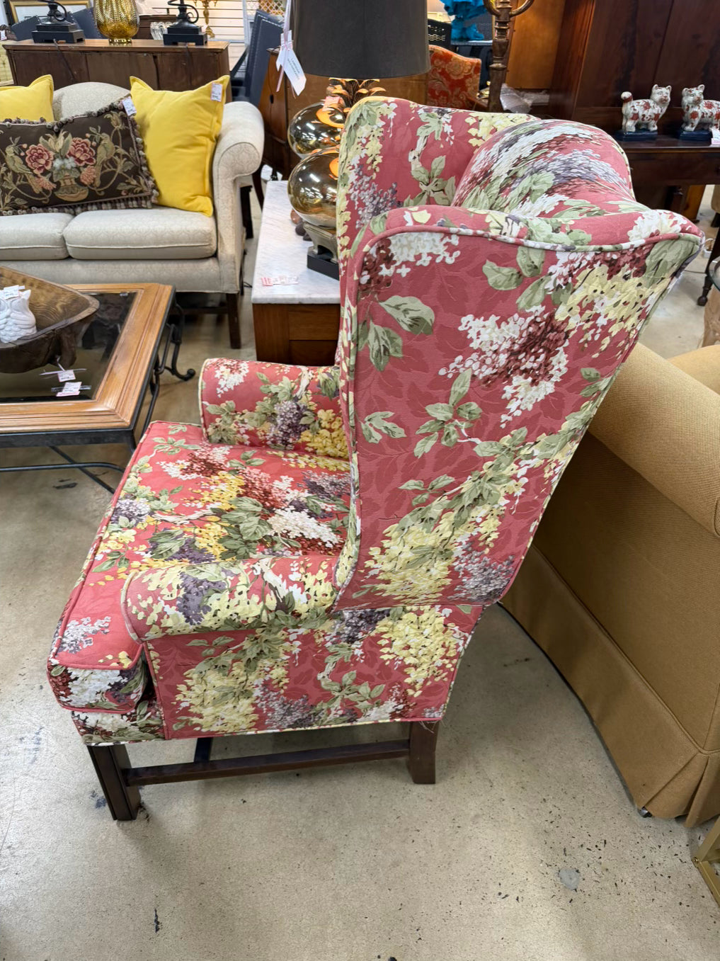 Salmon, Green & Yellow Floral Wing Back Chair