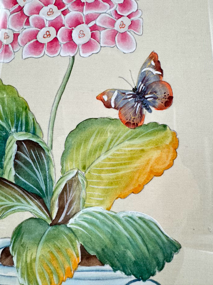 CHELSEA HOUSE Pink Flower w/ Butterfly Painting on Silk in Gold Frame