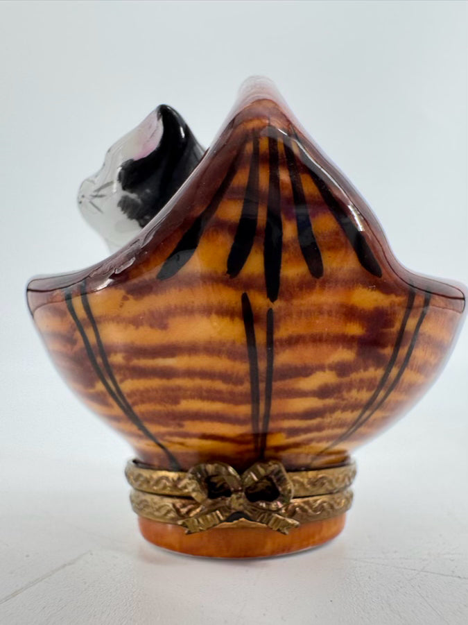 LIMOGES Brown, Black & White Cat in Basket Ceramic Trinket Box