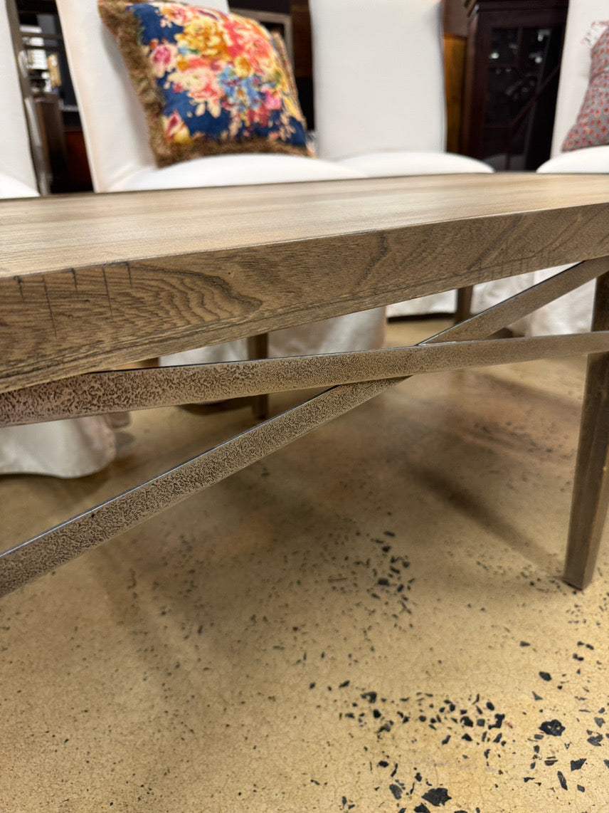 Wood Gray Wash Coffee Table w/ Metal Stretchers Detail
