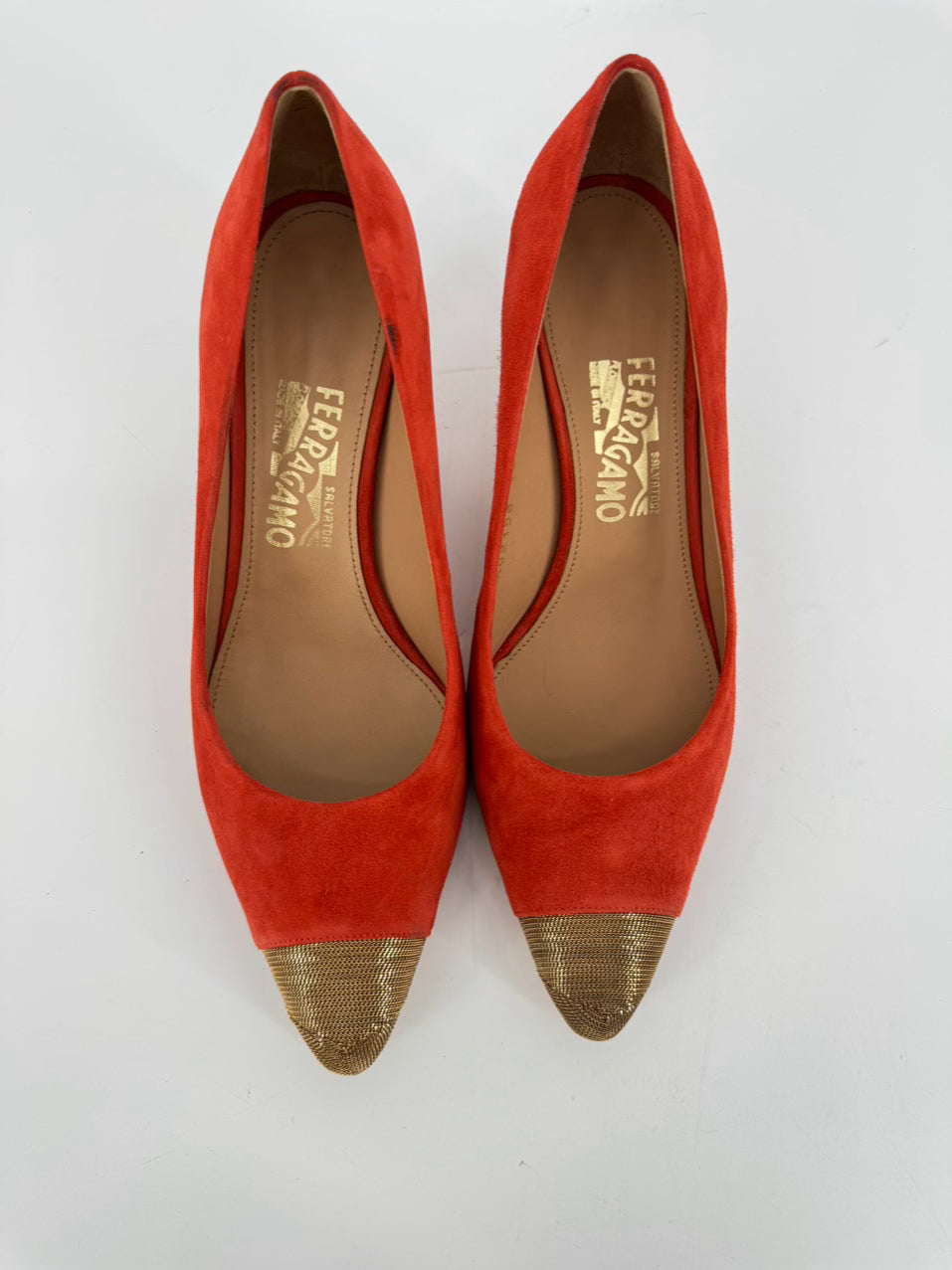 SALVATORE FERRAGAMO Size 8 Orange & Gold Toe Suede Kitten Heels