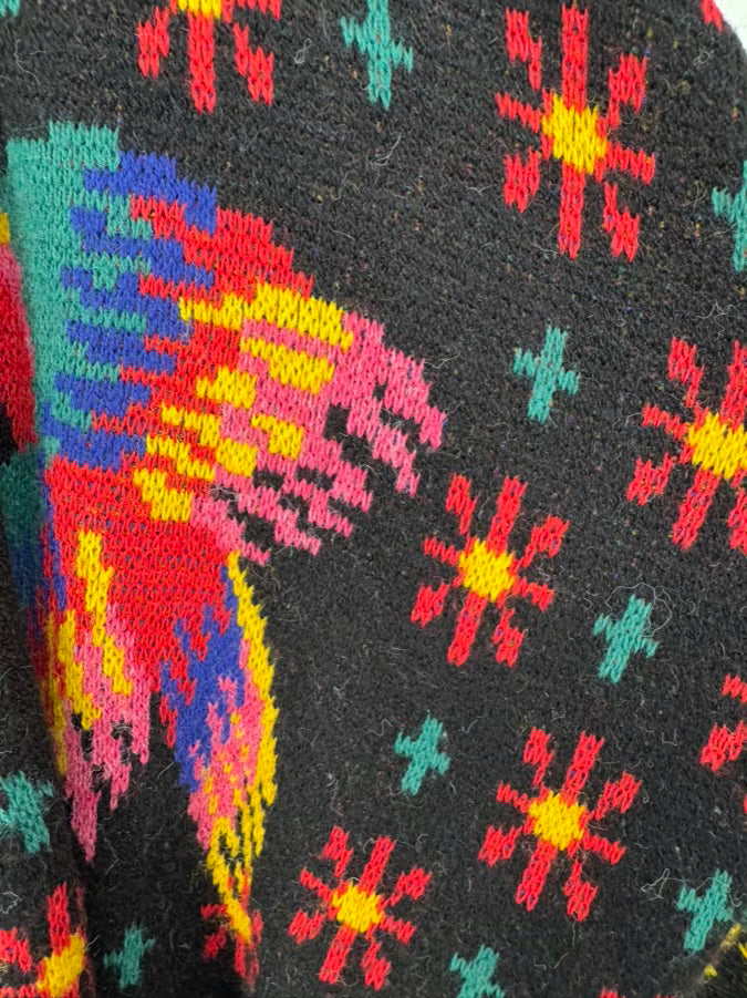 FARM RIO Size L Black & Multi-Color Knit Belted Cardigan