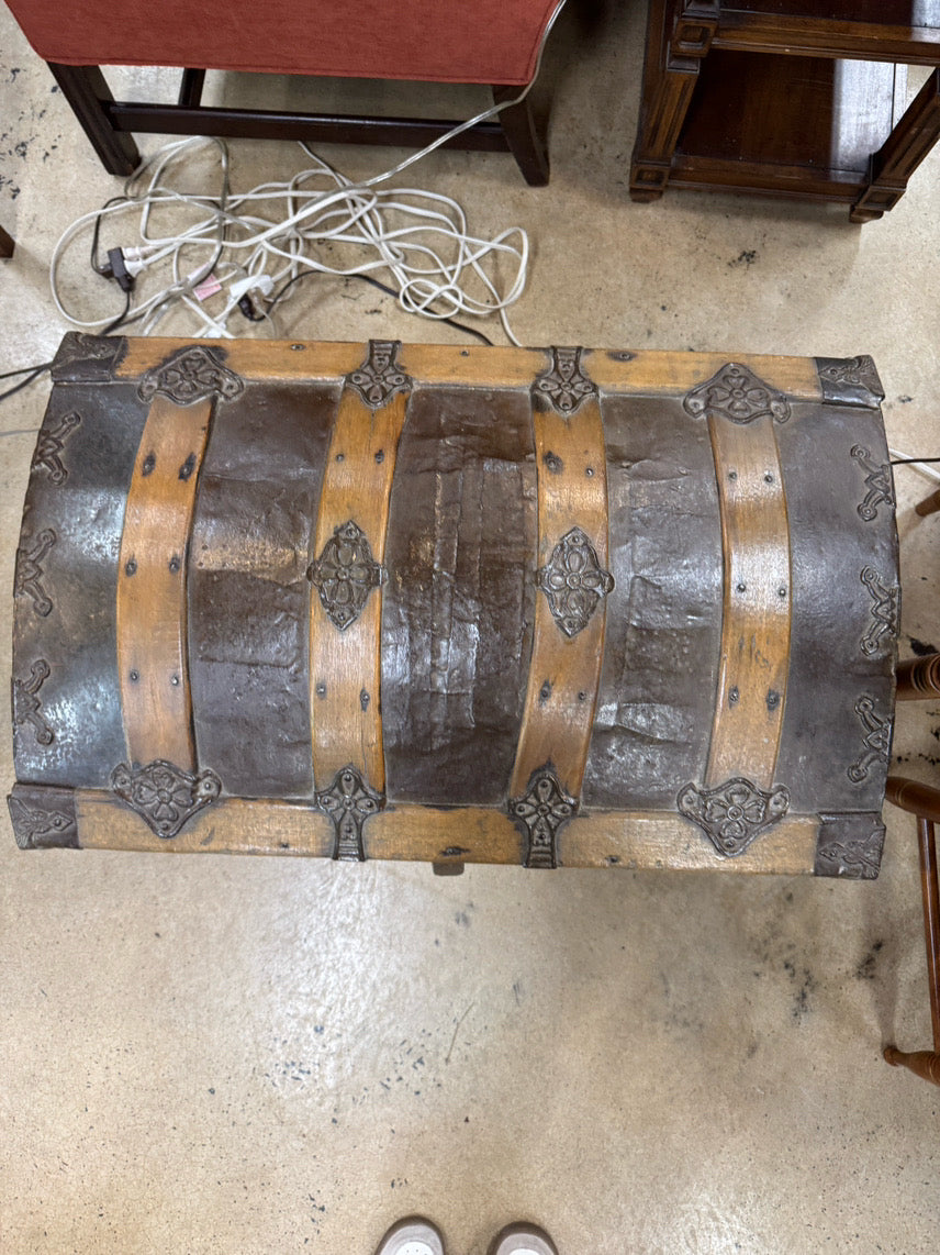 ANTIQUE Wood & Tin Rounded Top Trunk