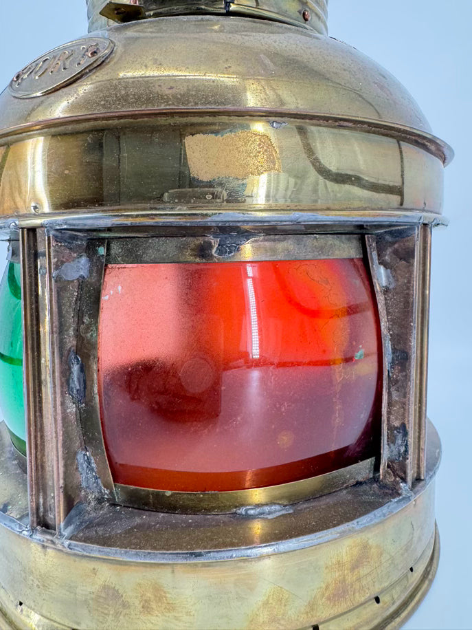VINTAGE Brass Green & Red Glass Kerosene Lantern