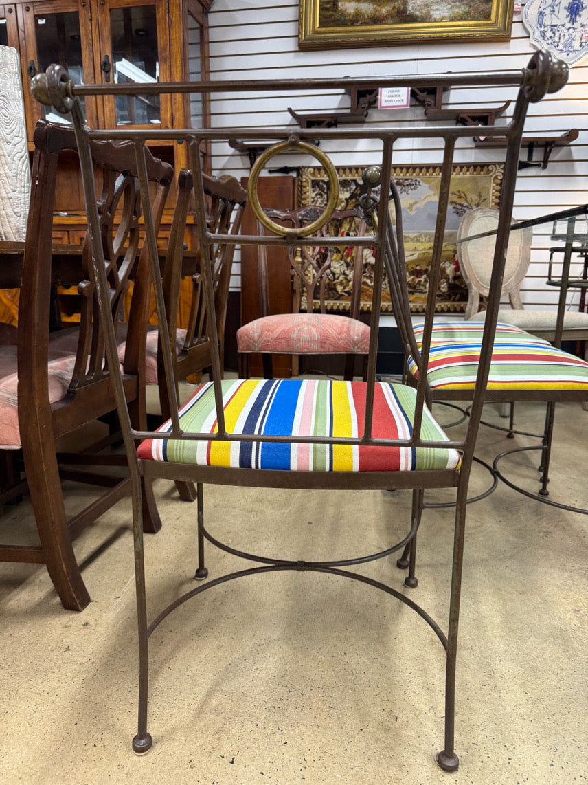 Wrought Iron & Glass Table w/ 6 Multicolor Stripe Upholstered Chairs