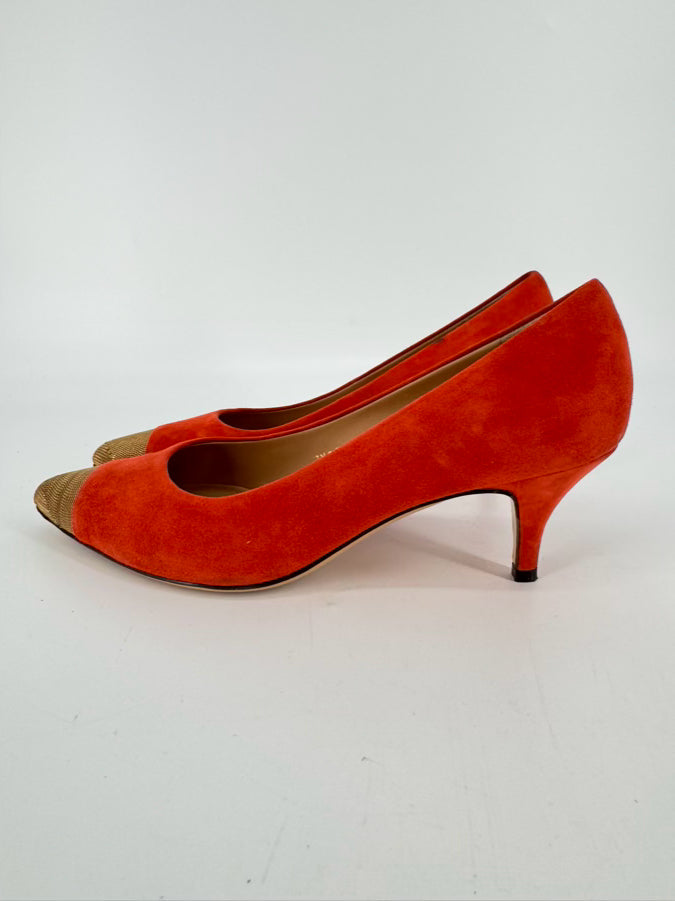 SALVATORE FERRAGAMO Size 8 Orange & Gold Toe Suede Kitten Heels