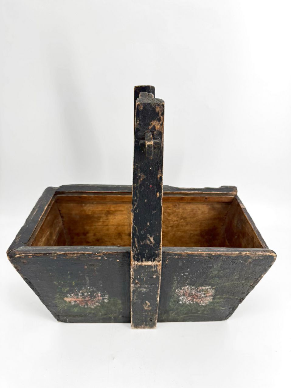 ANTIQUE Black Wood Painted Flowers Basket