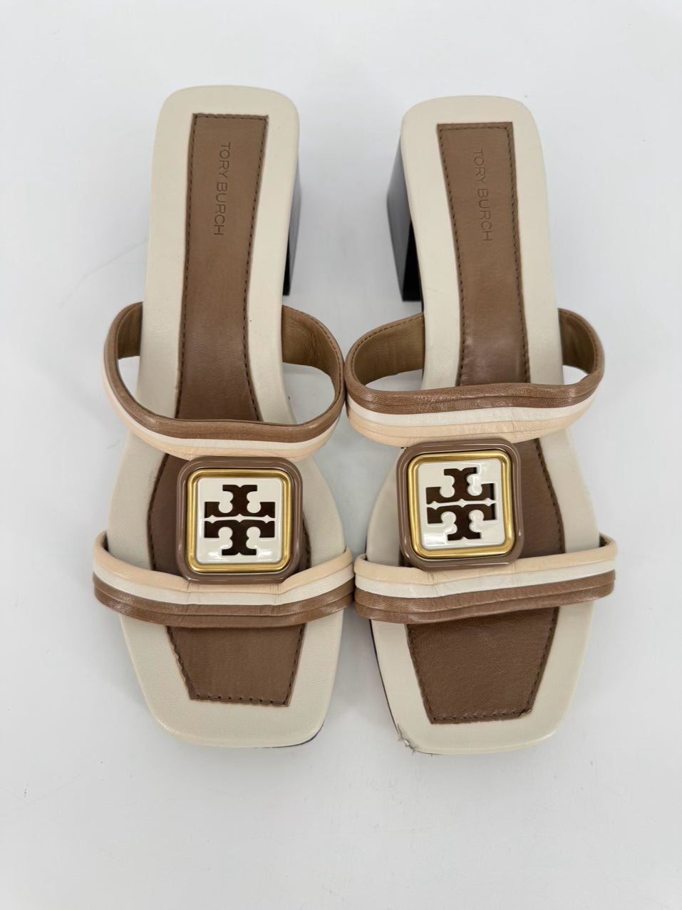 TORY BURCH Size 8.5 Brown & Cream Leather Logo Kitten Heels