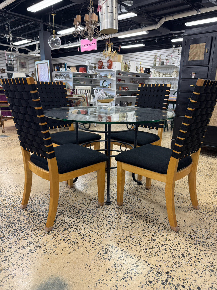 Black Wrought Iron Round Glass-Top Table w/ Set of 4 Wood Upholstered Woven Back Chairs