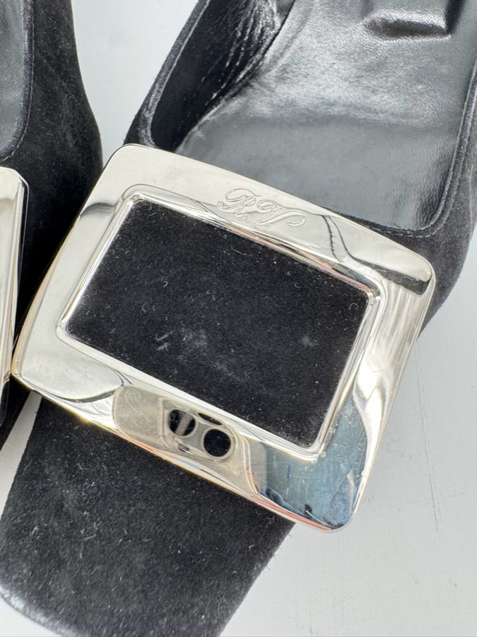 ROGER VIVIER Size 38 Black Suede Silver Buckle Heels