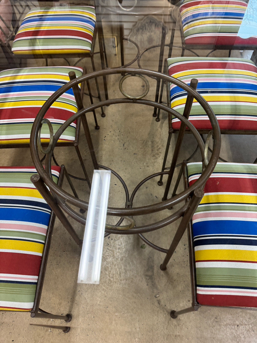 Wrought Iron & Glass Table w/ 6 Multicolor Stripe Upholstered Chairs