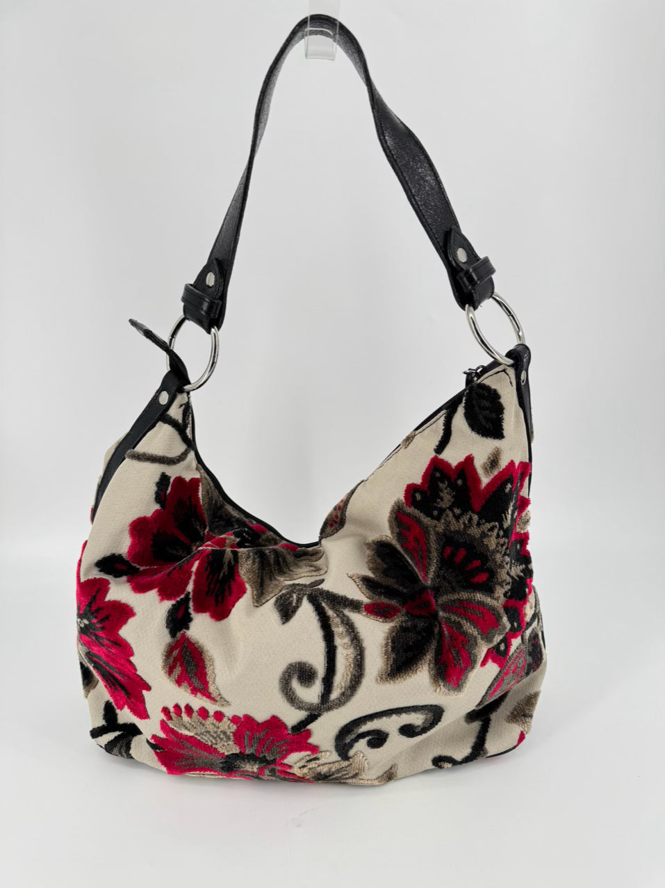 GLENDA GIES Gray & Red Velour Floral Purse