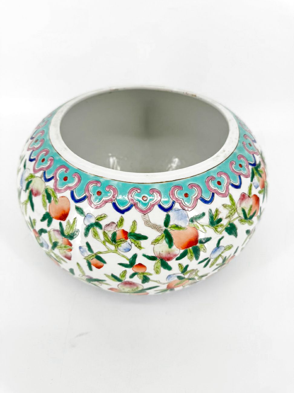 Aqua, Green & Pink Peaches Porcelain Famille Rose Cachepot