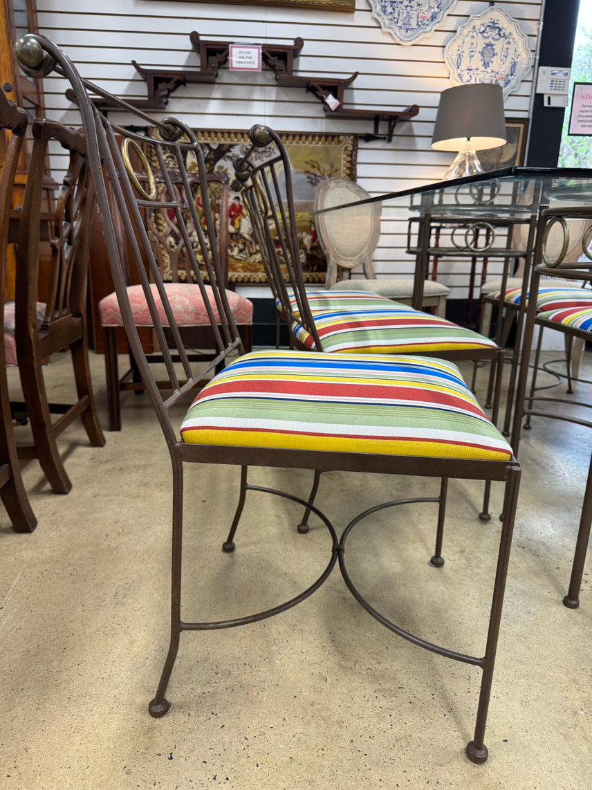 Wrought Iron & Glass Table w/ 6 Multicolor Stripe Upholstered Chairs