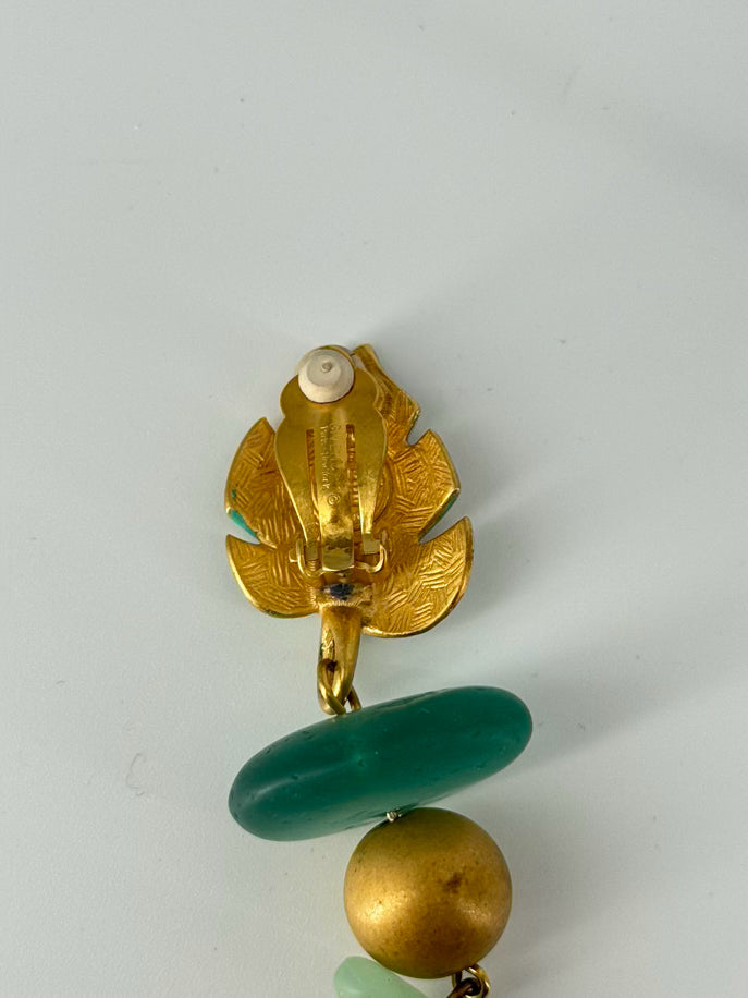 GIVENCHY Gold Tone Green Leaf Long Beaded Clip On Earrings