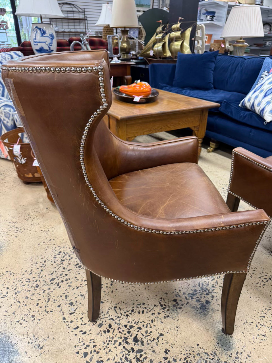 WILLIAMS SONOMA Caramel Leather Nailhead Pair of Chairs