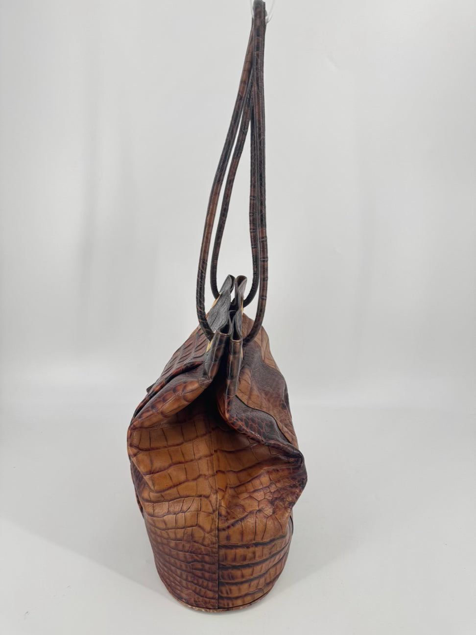 BRAHMIN Cognac Crocodile Leather Claire Bucket Bag