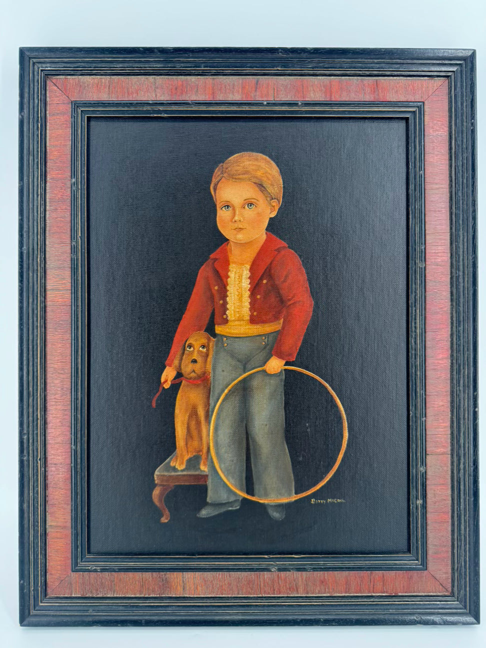 BETTY MCCOOL Vintage Look Boy w/ Dog Painting in Wood Frame