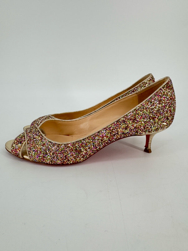 CHRISTIAN LOUBOUTIN Size 39 Multi-Color Leather Sparkle Kitten Heels