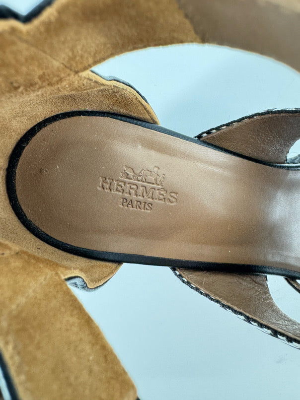 HERMES Size 38.5 Black & White Leather Roma Espadrille Wedge