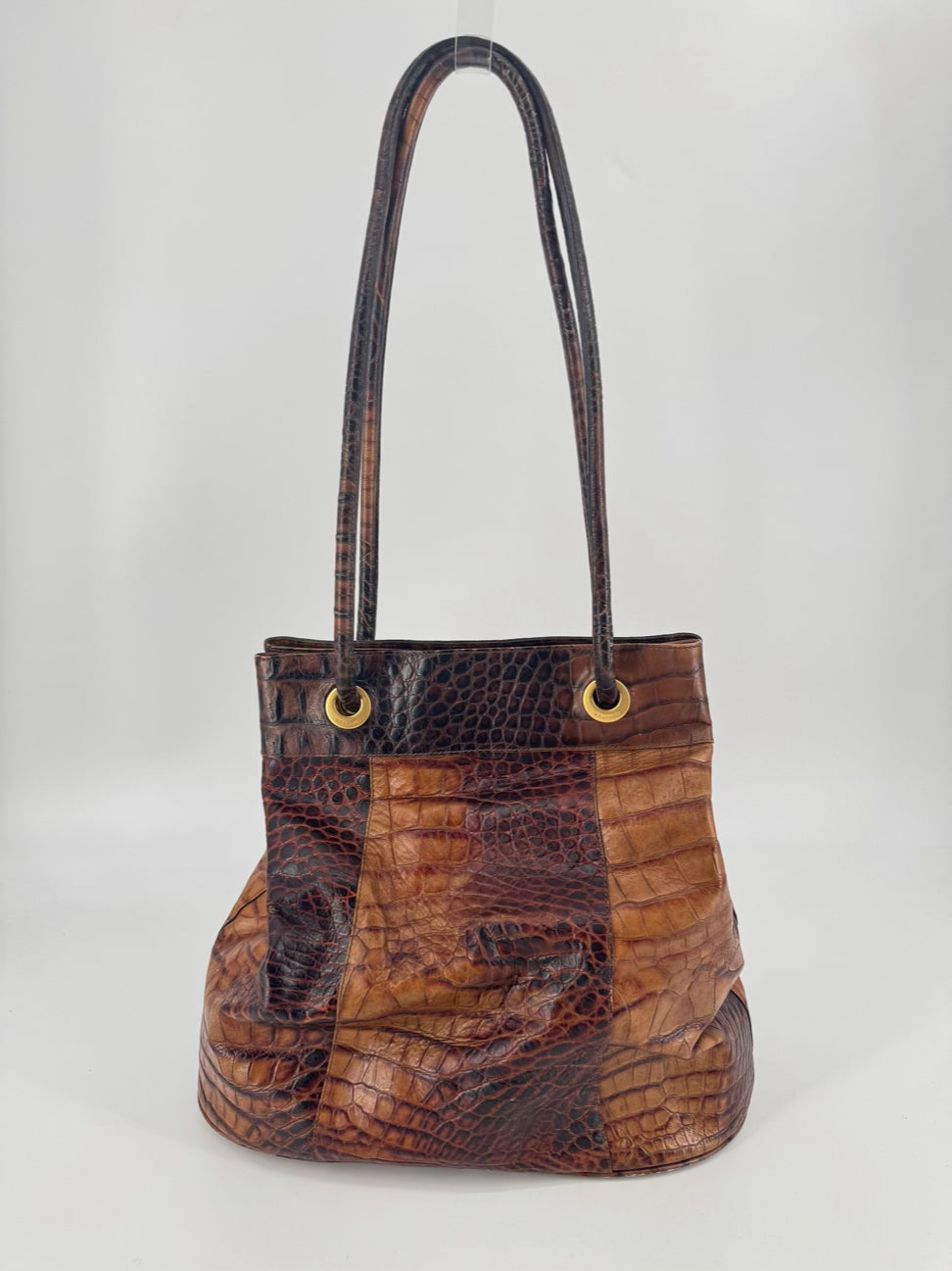 BRAHMIN Cognac Crocodile Leather Claire Bucket Bag