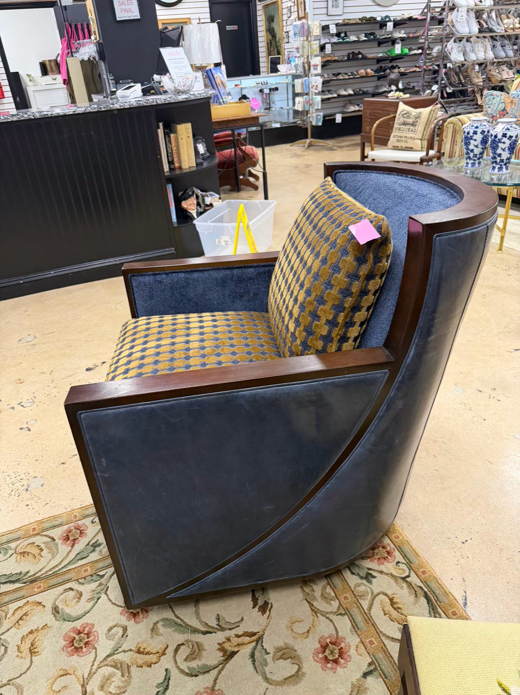 HICKORY WHITE Blue & Gold Leather & Fabric Swivel Chair