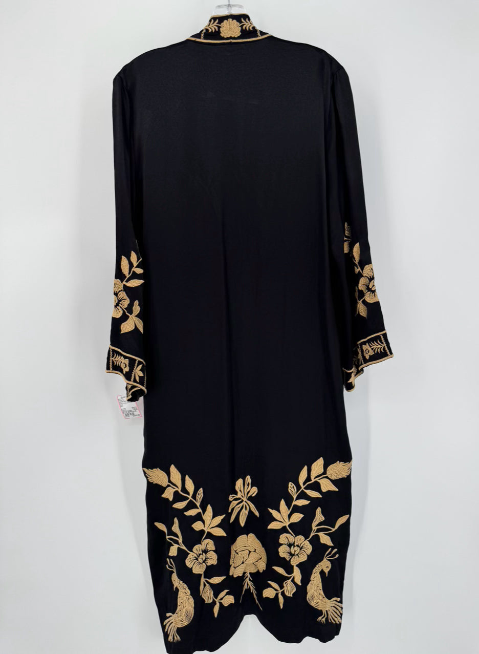 JOHNNY WAS Size S Black & Gold Embroidered Floral Martina Long Kimono NWT