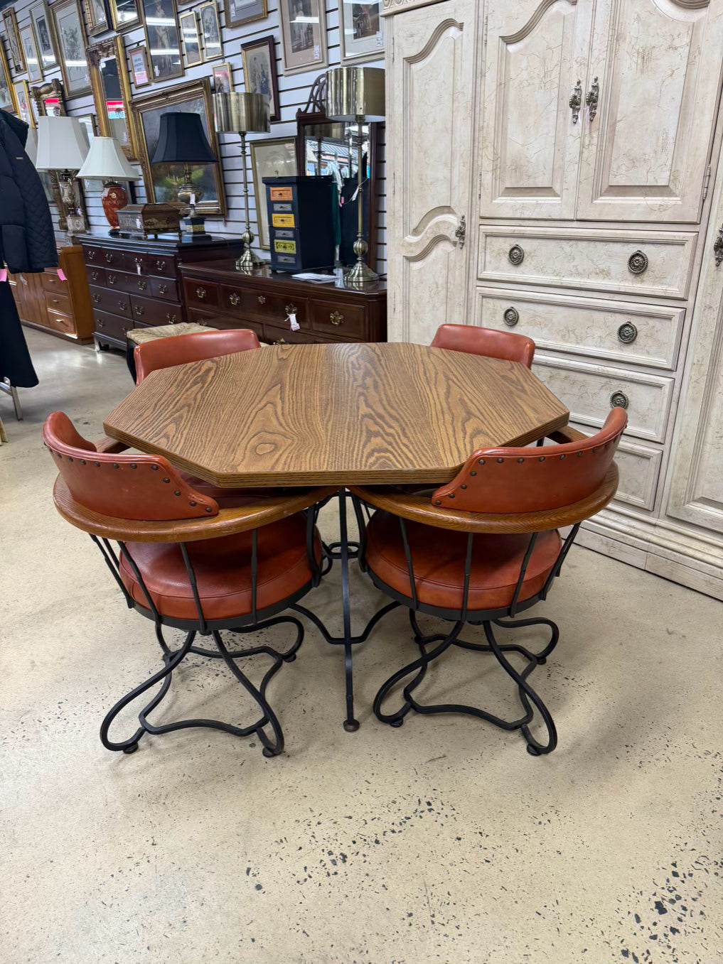Wood & Wrought Iron Mid Century Card Table & 4 Chairs