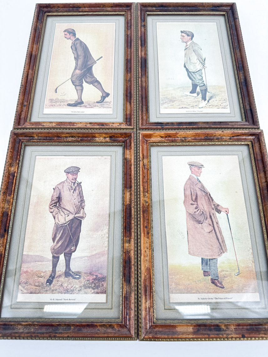 Set of 4 Framed Golfing Prints in Brown & Gold Frames