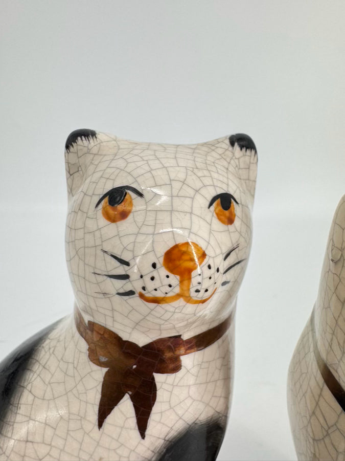 Black, White & Blue Ceramic Staffordshire Pair of Cat Figurines