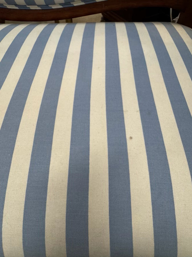 ANTIQUE Wood & Blue & White Stripe Upholstery Victorian Love Seat