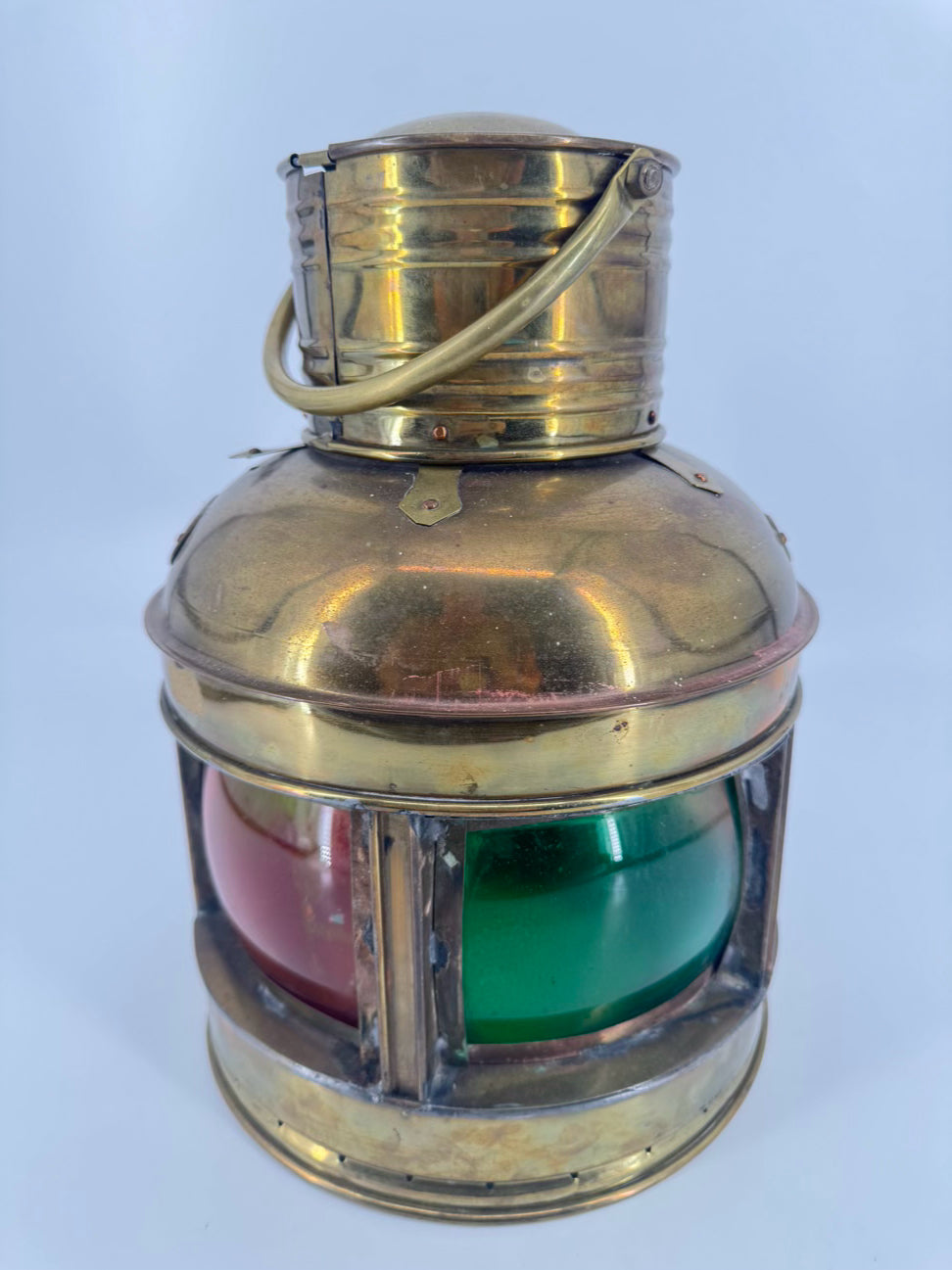 VINTAGE Brass Green & Red Glass Kerosene Lantern